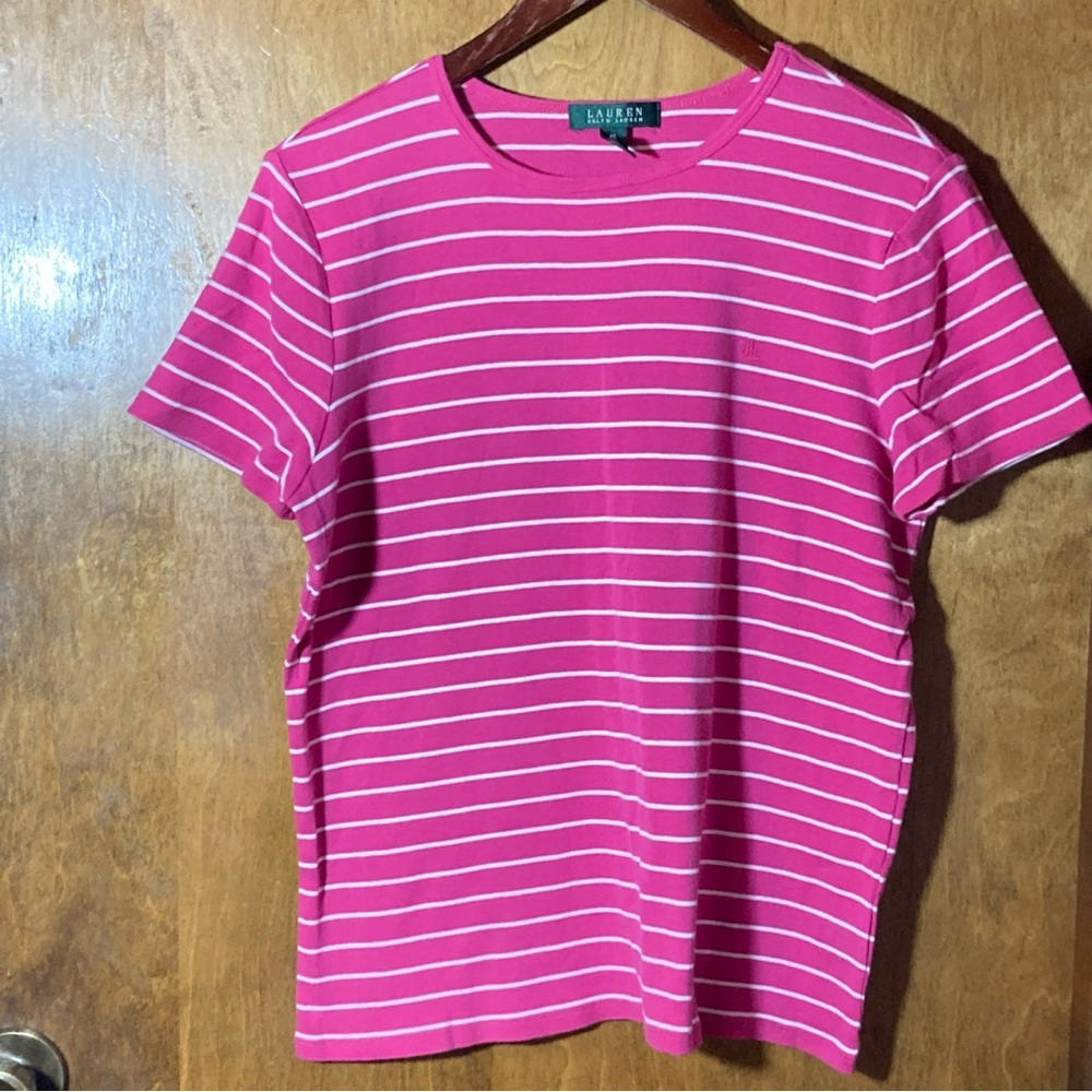 Lauren Ralph Lauren Hot Pink & White Striped Crew Tee Classic summer XL
